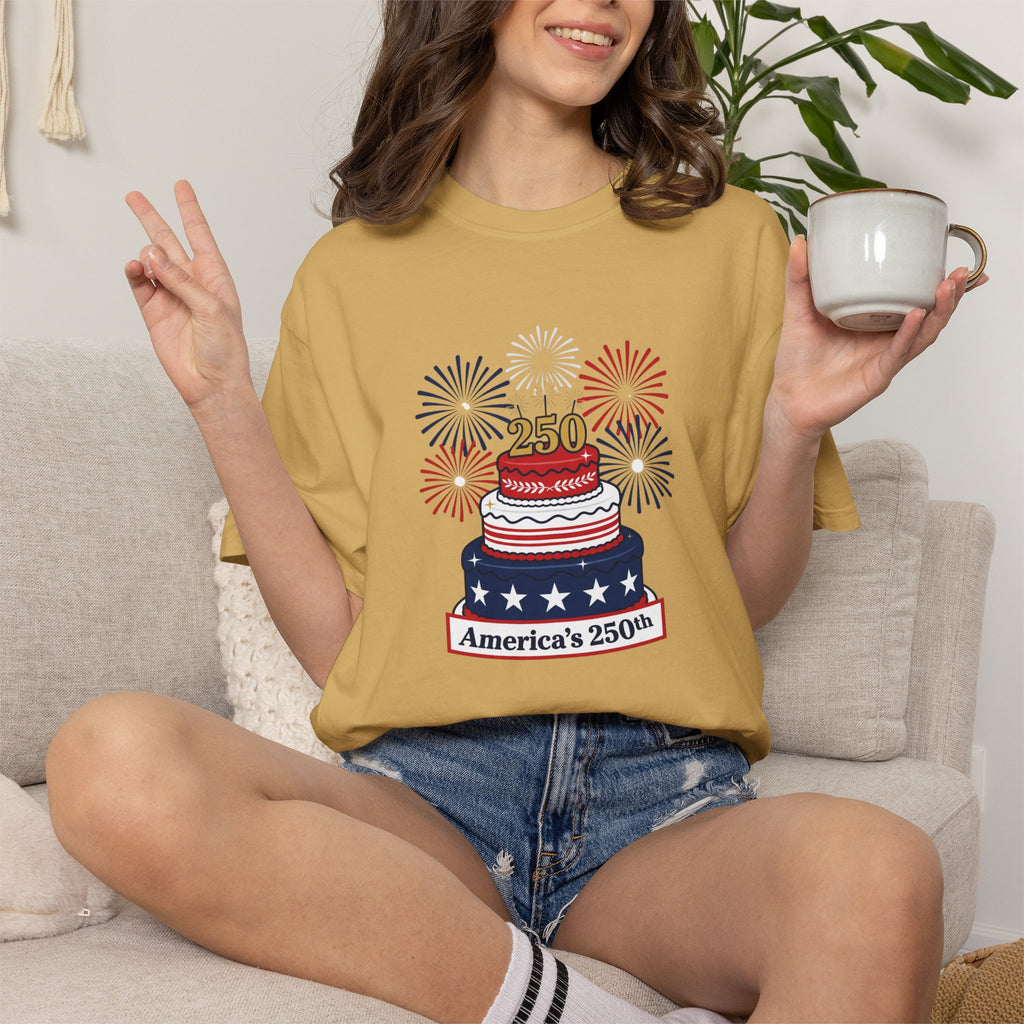 America's 250th Celebration T-Shirt — Patriotic USA Birthday Cake & Fireworks Tee