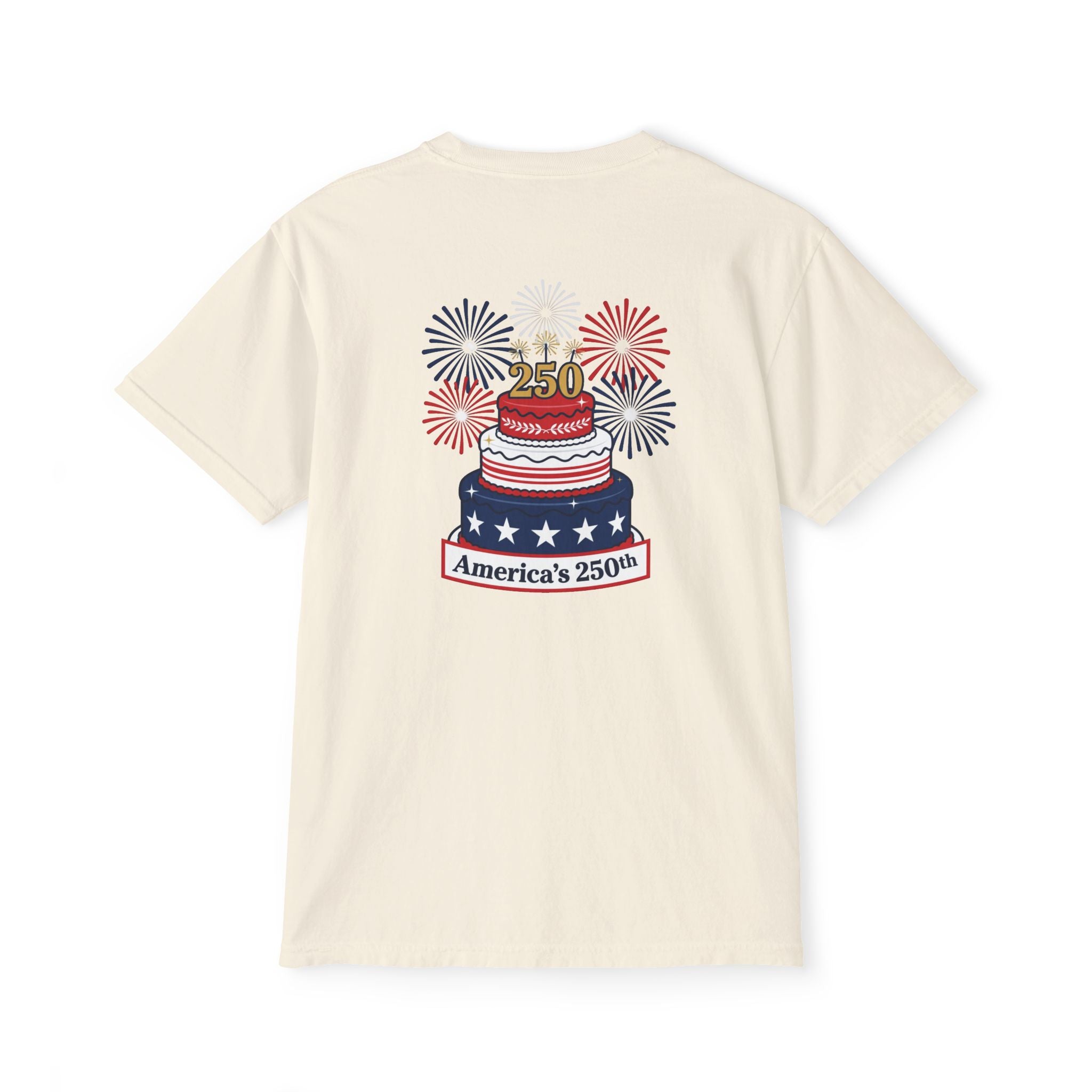 America's 250th Birthday Cake Pocket T-Shirt | 250th Anniversary Patriotic Fireworks Design