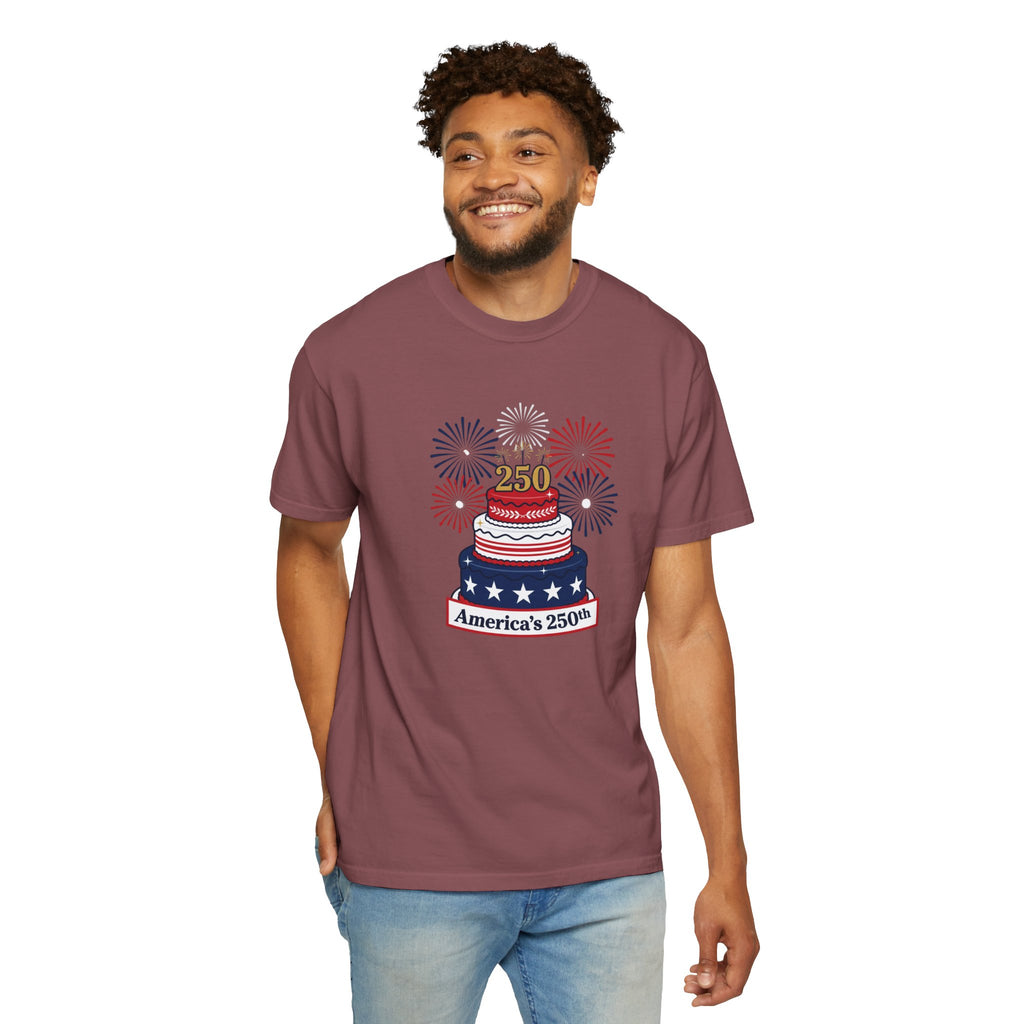America's 250th Celebration T-Shirt — Patriotic USA Birthday Cake & Fireworks Tee
