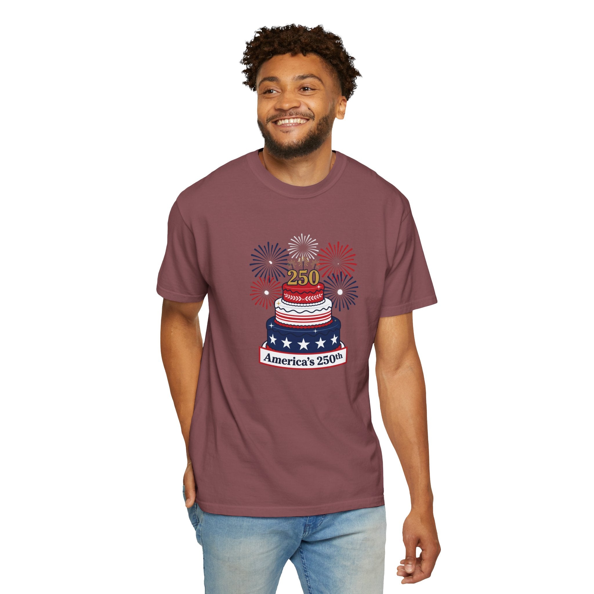 America's 250th Celebration T-Shirt — Patriotic USA Birthday Cake & Fireworks Tee