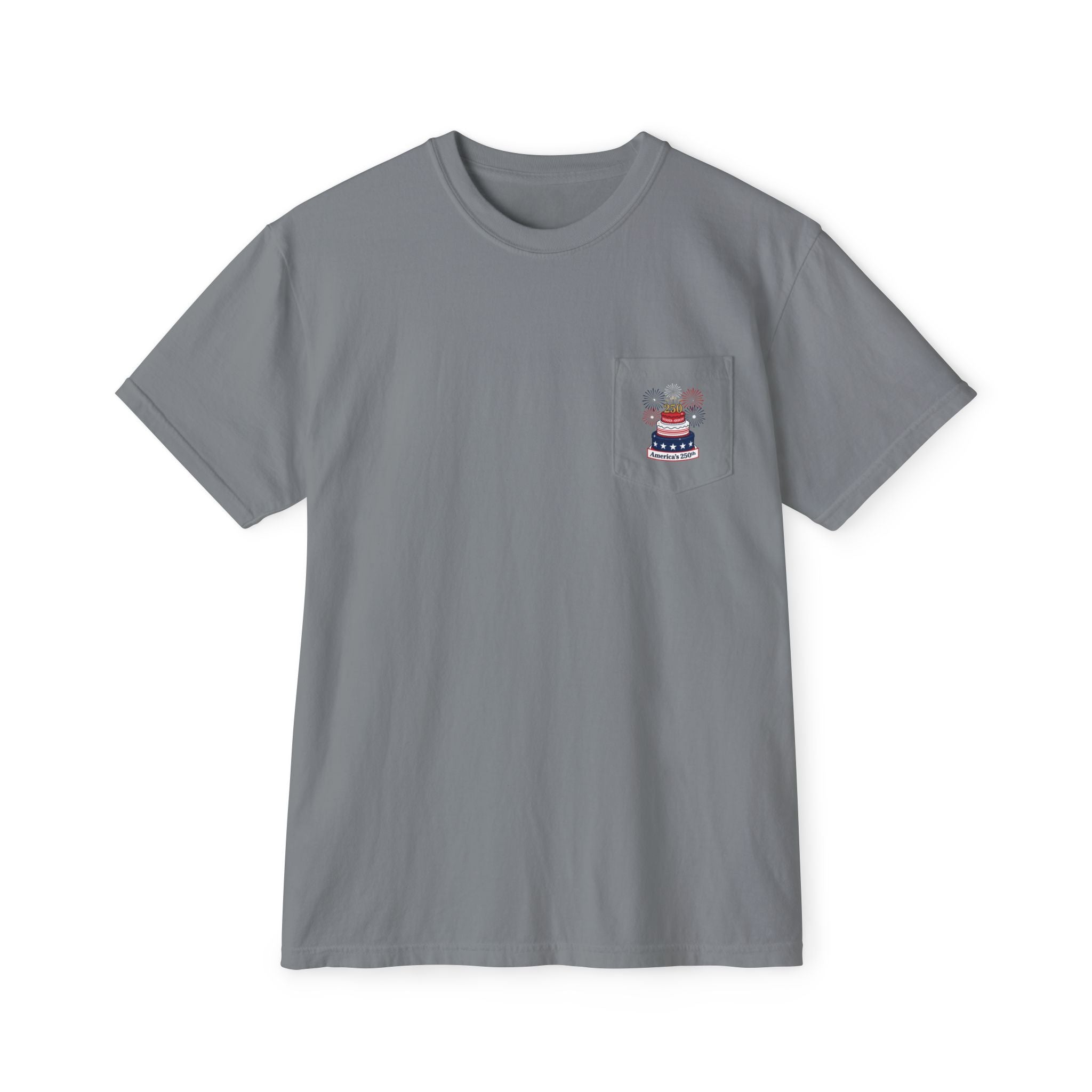 America's 250th Birthday Cake Pocket T-Shirt | 250th Anniversary Patriotic Fireworks Design