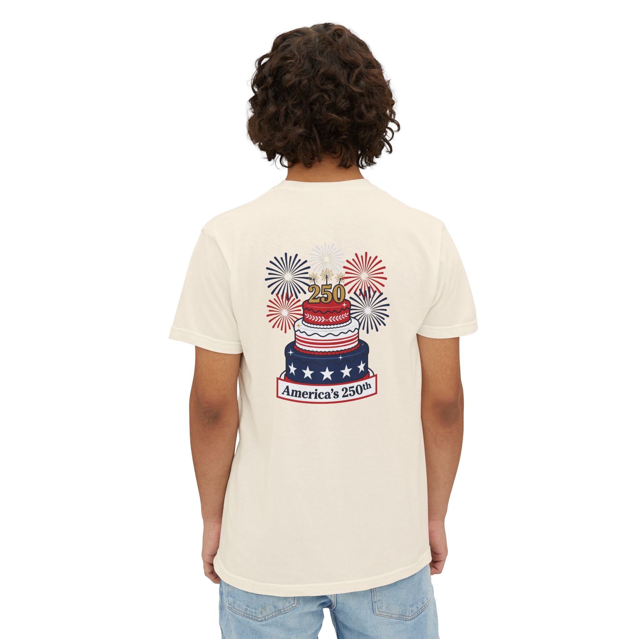 America's 250th Birthday Cake Pocket T-Shirt | 250th Anniversary Patriotic Fireworks Design