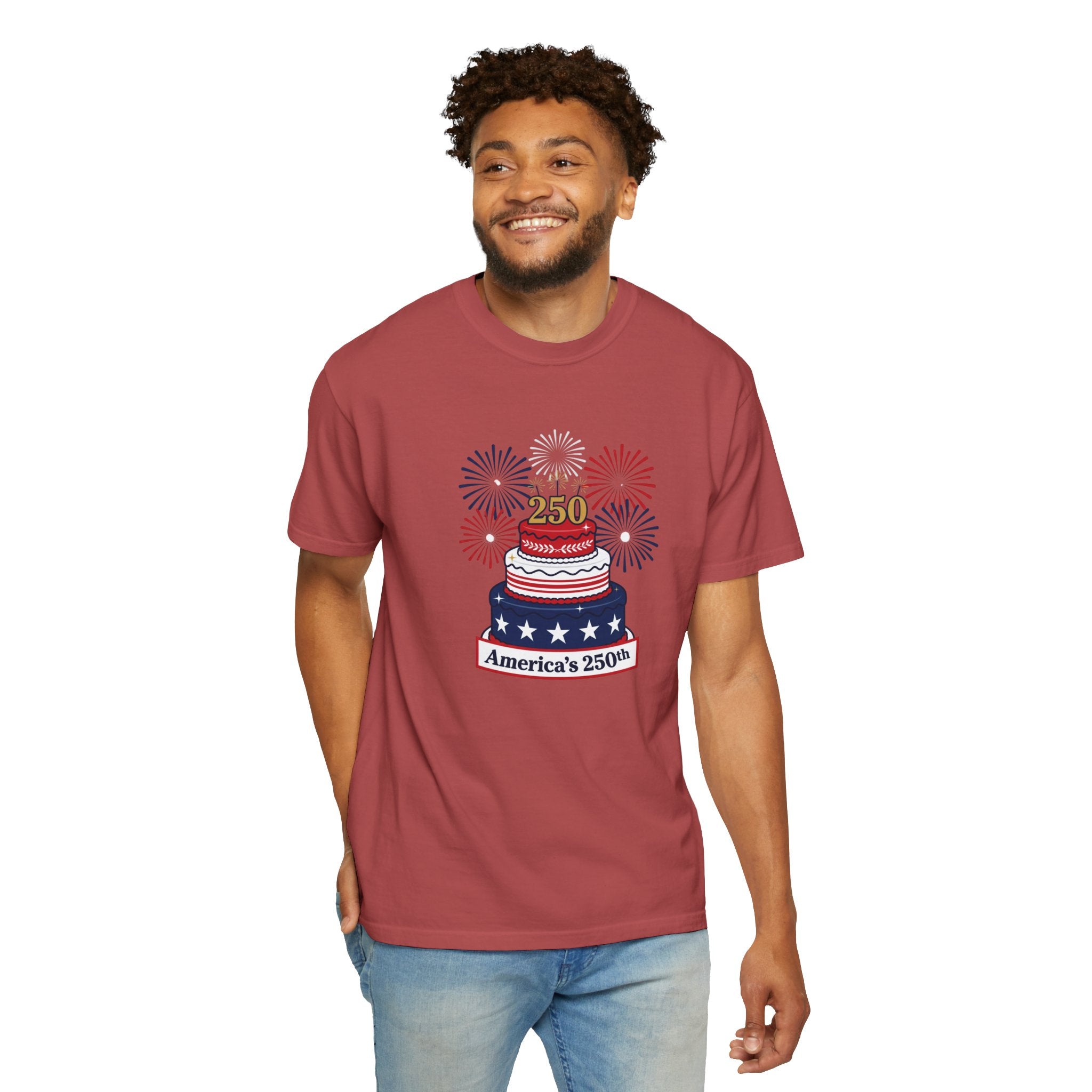 America's 250th Celebration T-Shirt — Patriotic USA Birthday Cake & Fireworks Tee