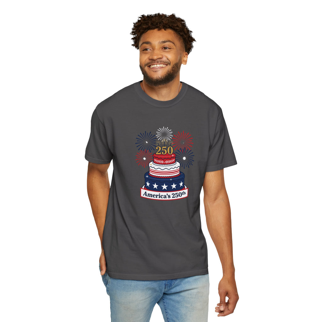 America's 250th Celebration T-Shirt — Patriotic USA Birthday Cake & Fireworks Tee