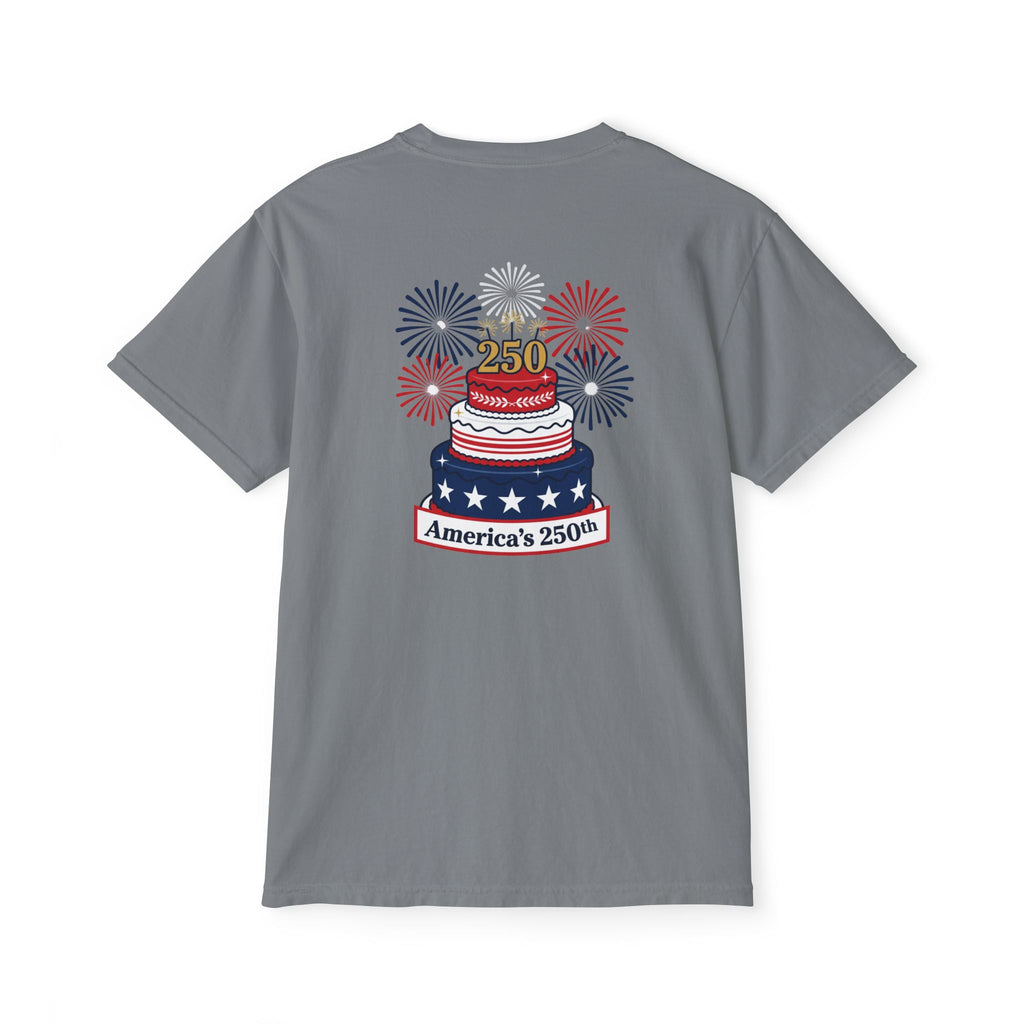 America's 250th Birthday Cake Pocket T-Shirt | 250th Anniversary Patriotic Fireworks Design