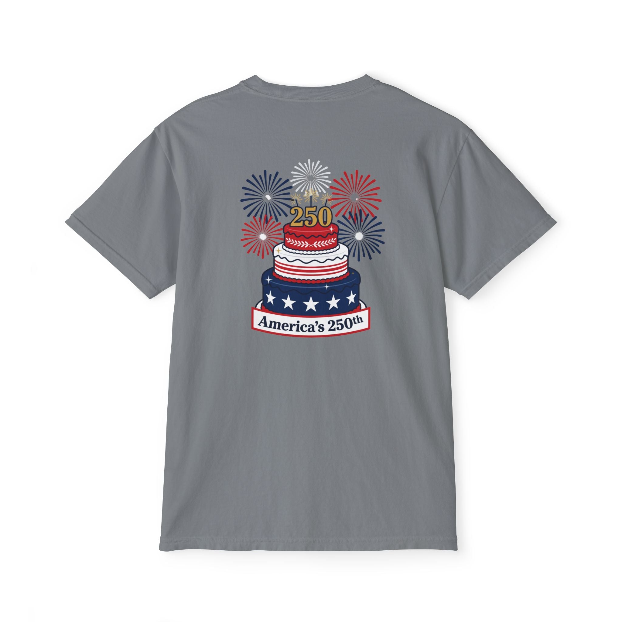 America's 250th Birthday Cake Pocket T-Shirt | 250th Anniversary Patriotic Fireworks Design