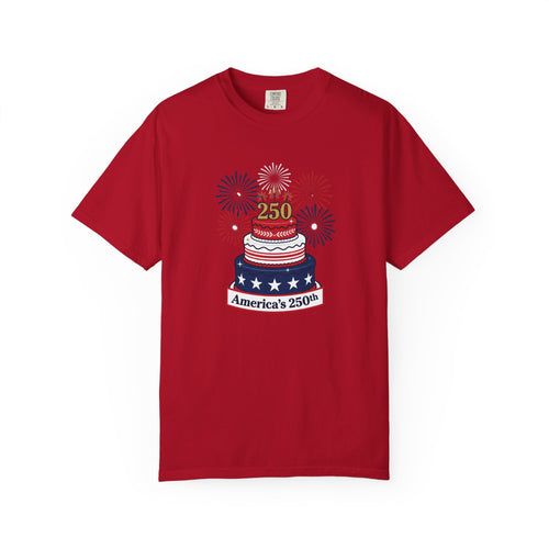 America's 250th Celebration T-Shirt — Patriotic USA Birthday Cake & Fireworks Tee