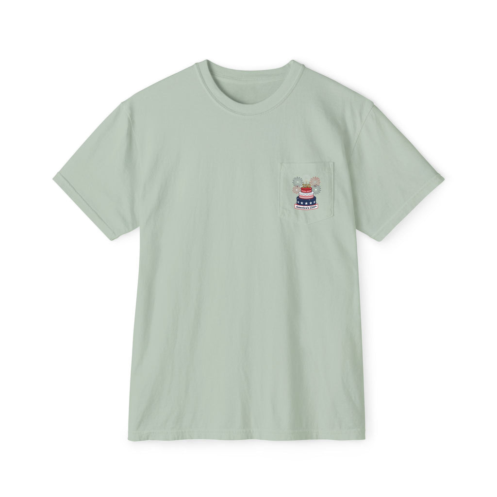 America's 250th Birthday Cake Pocket T-Shirt | 250th Anniversary Patriotic Fireworks Design