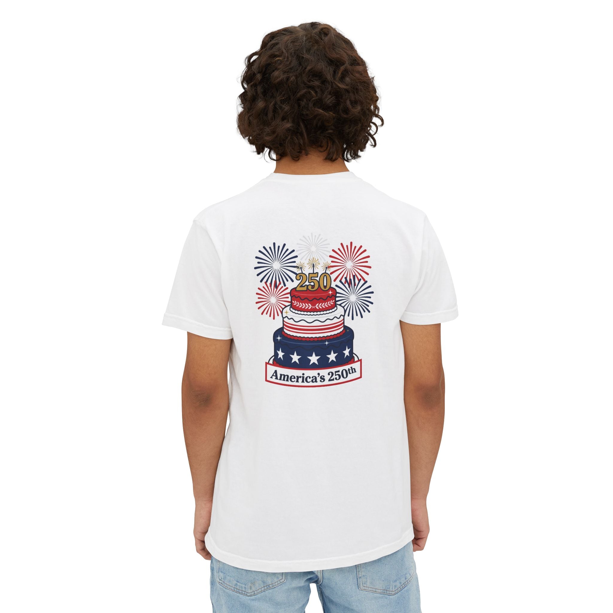 America's 250th Birthday Cake Pocket T-Shirt | 250th Anniversary Patriotic Fireworks Design