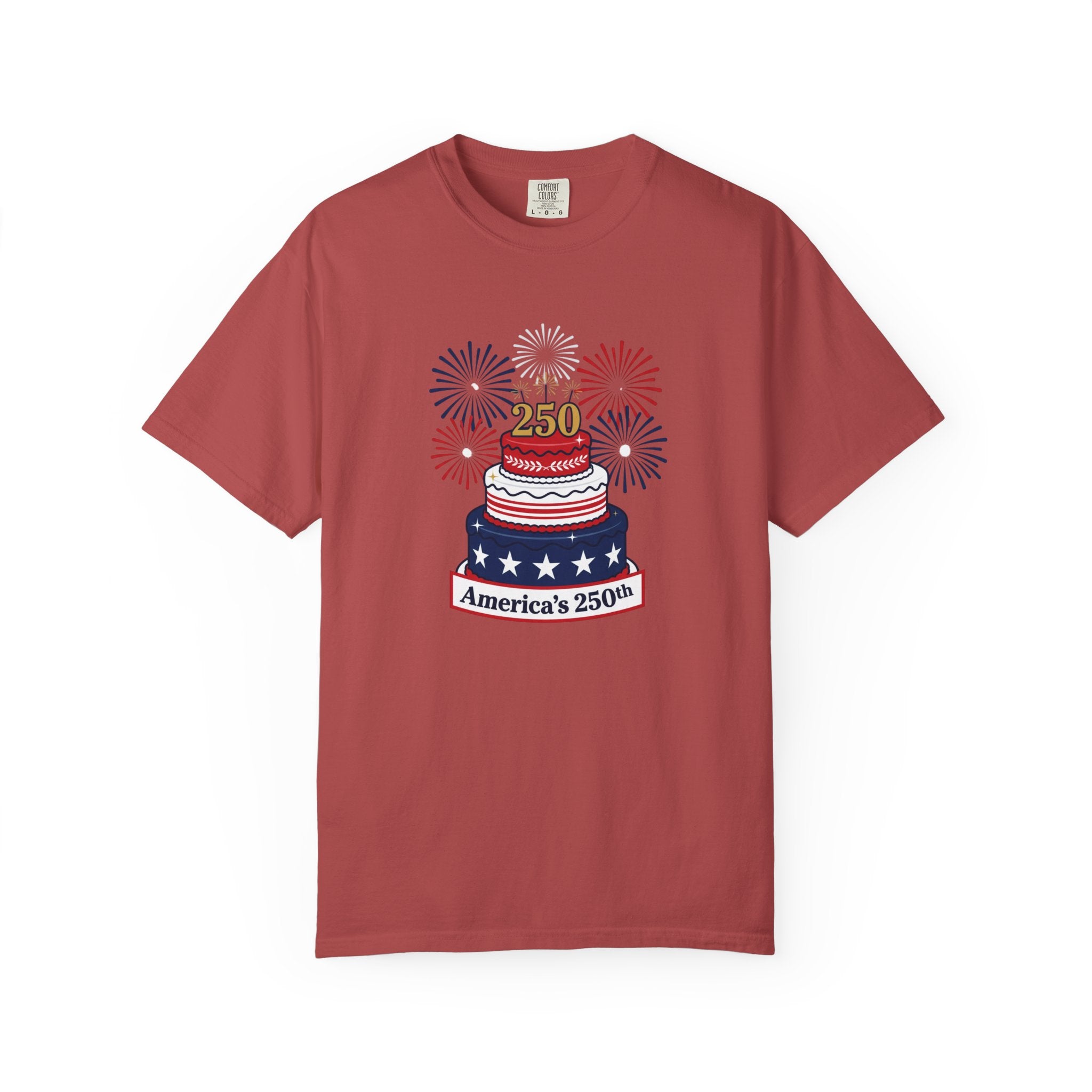 America's 250th Celebration T-Shirt — Patriotic USA Birthday Cake & Fireworks Tee