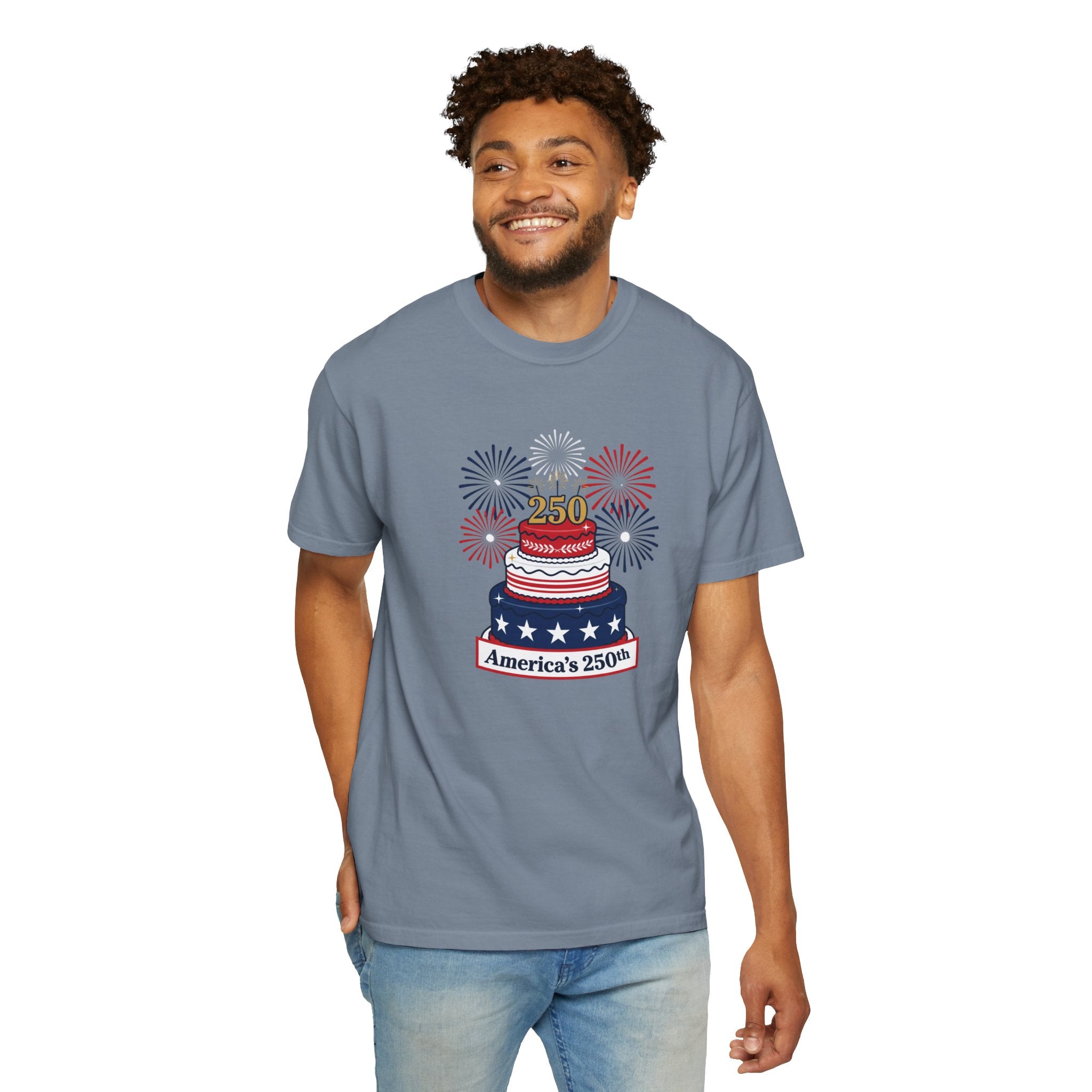 America's 250th Celebration T-Shirt — Patriotic USA Birthday Cake & Fireworks Tee