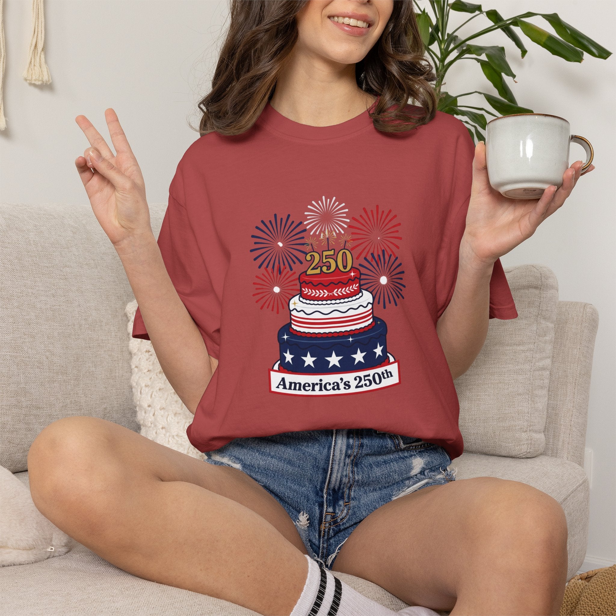 America's 250th Celebration T-Shirt — Patriotic USA Birthday Cake & Fireworks Tee
