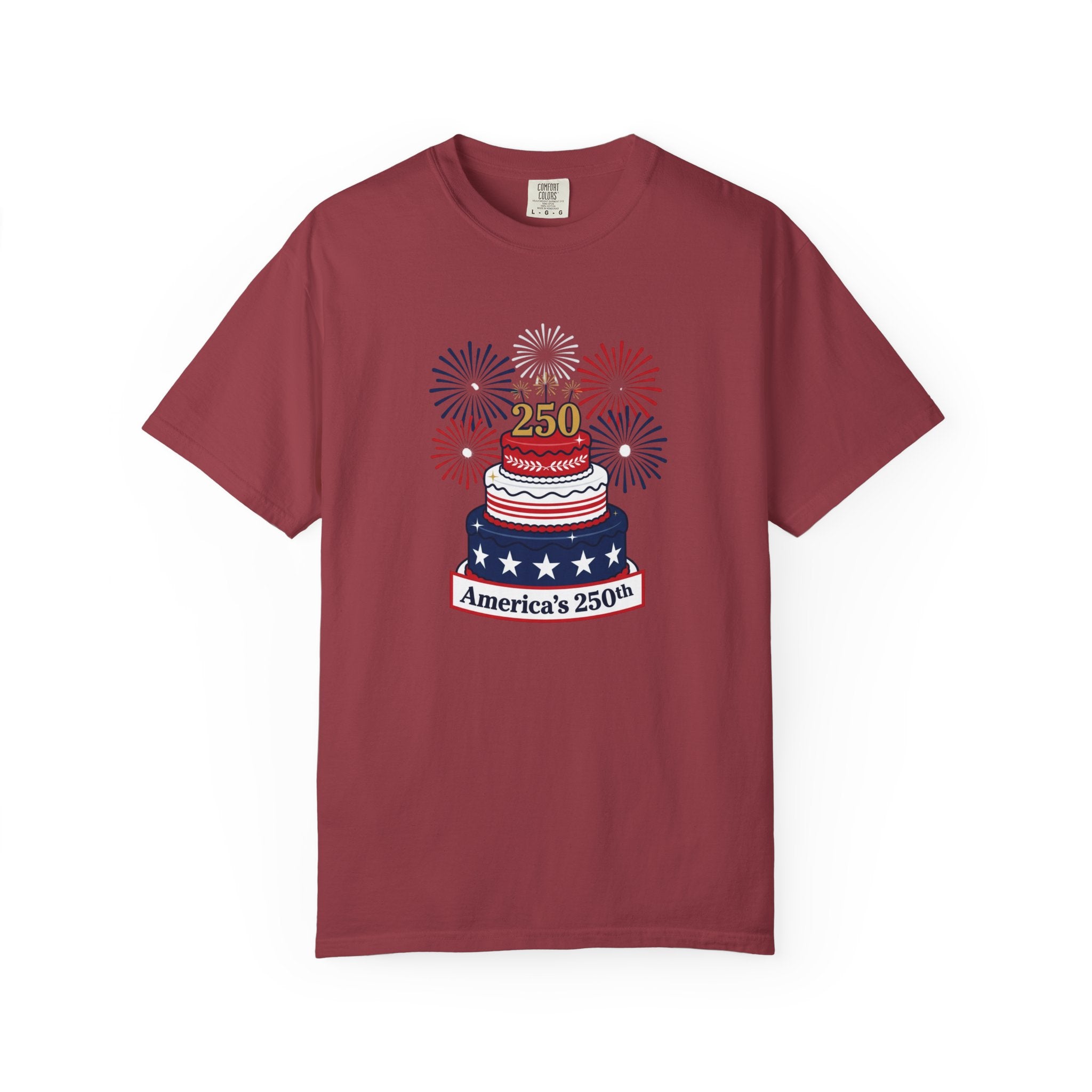 America's 250th Celebration T-Shirt — Patriotic USA Birthday Cake & Fireworks Tee
