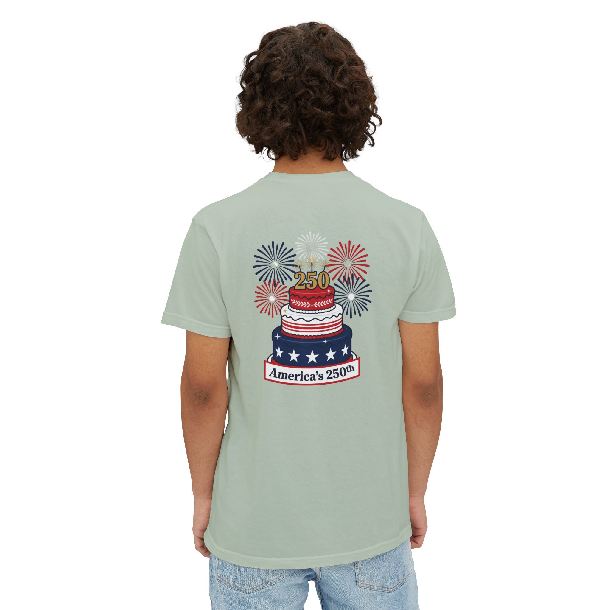 America's 250th Birthday Cake Pocket T-Shirt | 250th Anniversary Patriotic Fireworks Design