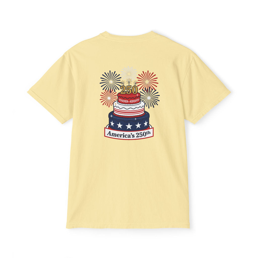 America's 250th Birthday Cake Pocket T-Shirt | 250th Anniversary Patriotic Fireworks Design
