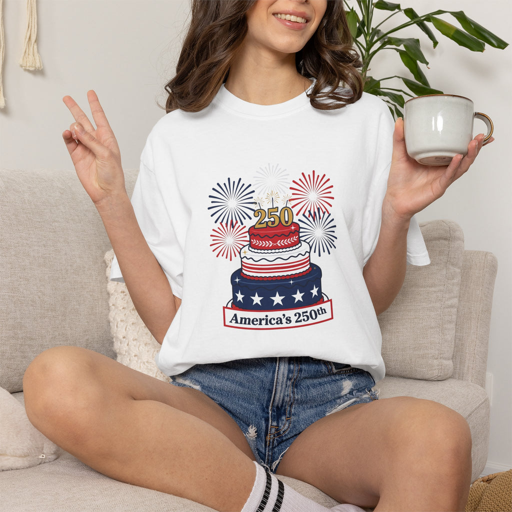 America's 250th Celebration T-Shirt — Patriotic USA Birthday Cake & Fireworks Tee