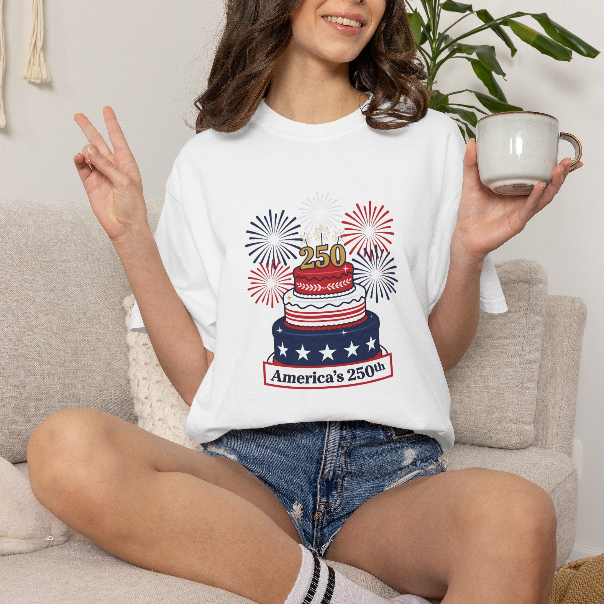 America's 250th Celebration T-Shirt — Patriotic USA Birthday Cake & Fireworks Tee