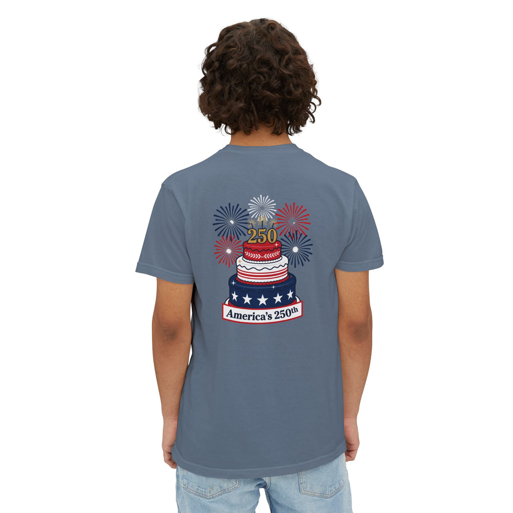 America's 250th Birthday Cake Pocket T-Shirt | 250th Anniversary Patriotic Fireworks Design