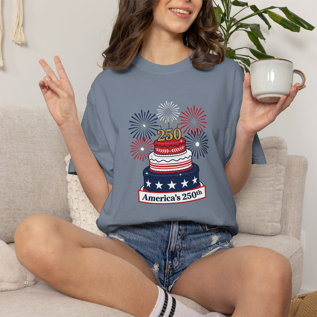 America's 250th Celebration T-Shirt — Patriotic USA Birthday Cake & Fireworks Tee
