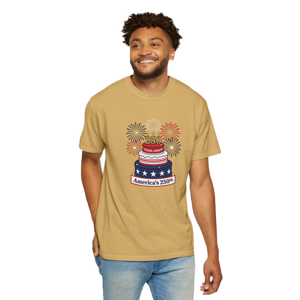 America's 250th Celebration T-Shirt — Patriotic USA Birthday Cake & Fireworks Tee