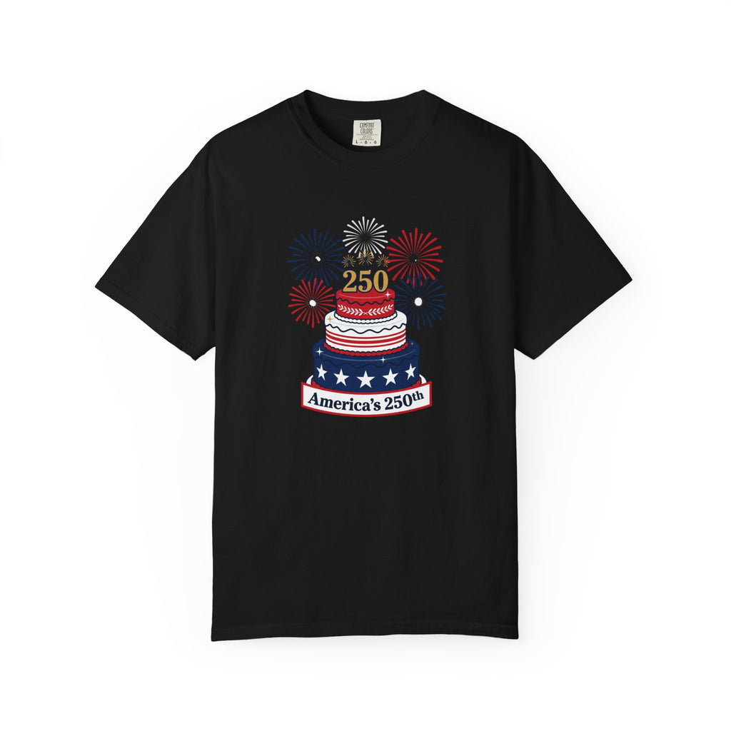 America's 250th Celebration T-Shirt — Patriotic USA Birthday Cake & Fireworks Tee