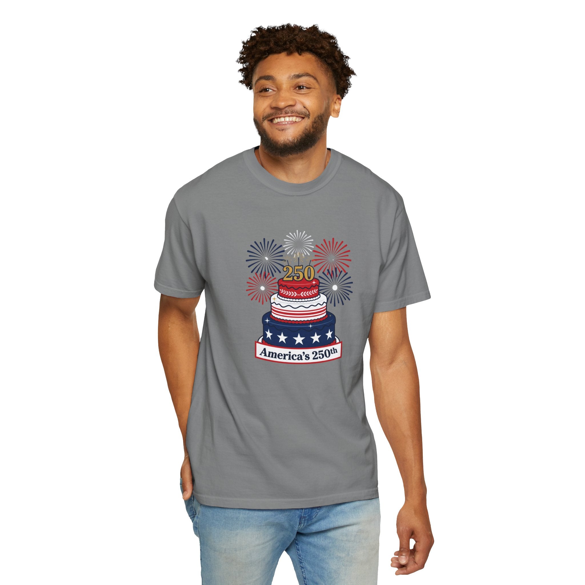 America's 250th Celebration T-Shirt — Patriotic USA Birthday Cake & Fireworks Tee