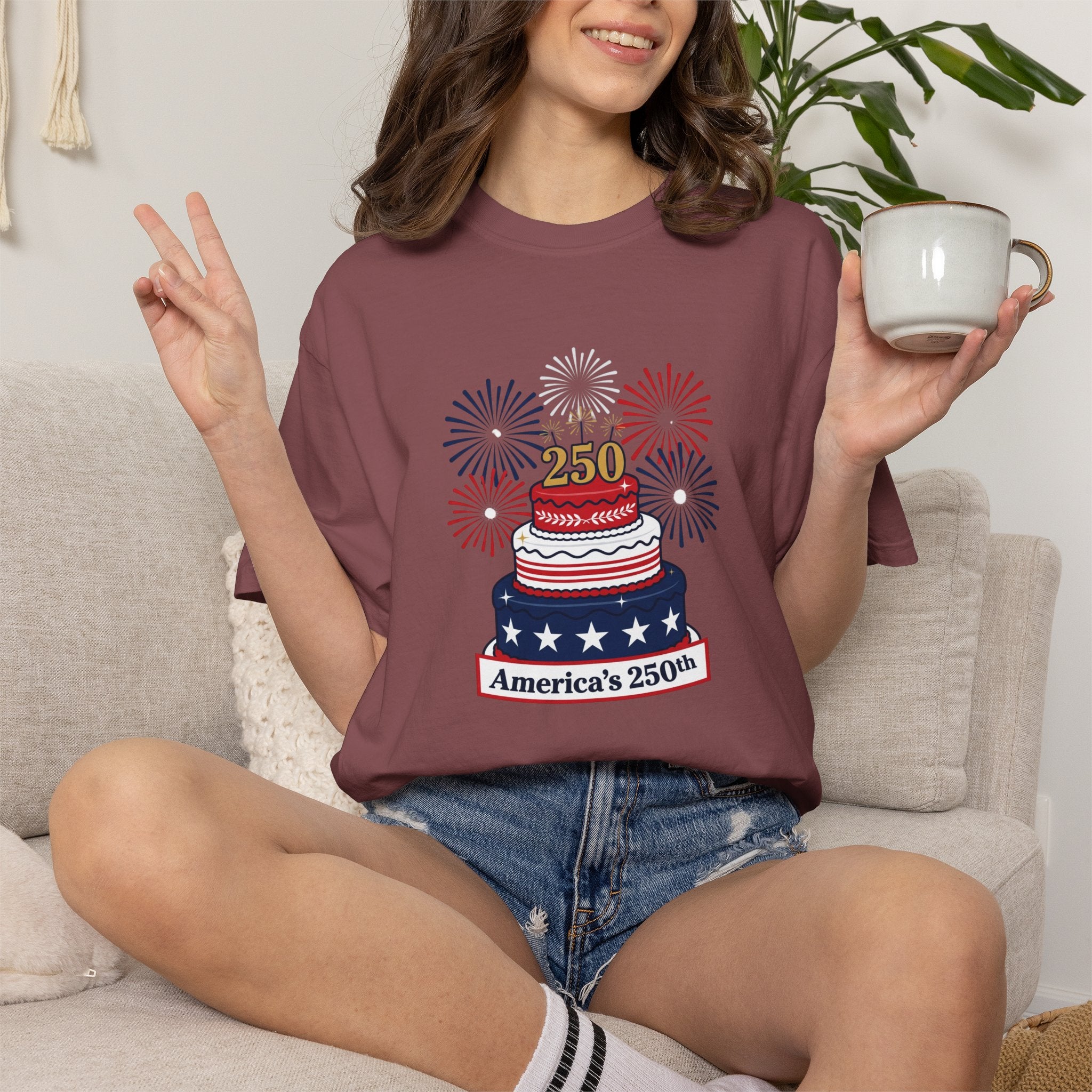 America's 250th Celebration T-Shirt — Patriotic USA Birthday Cake & Fireworks Tee