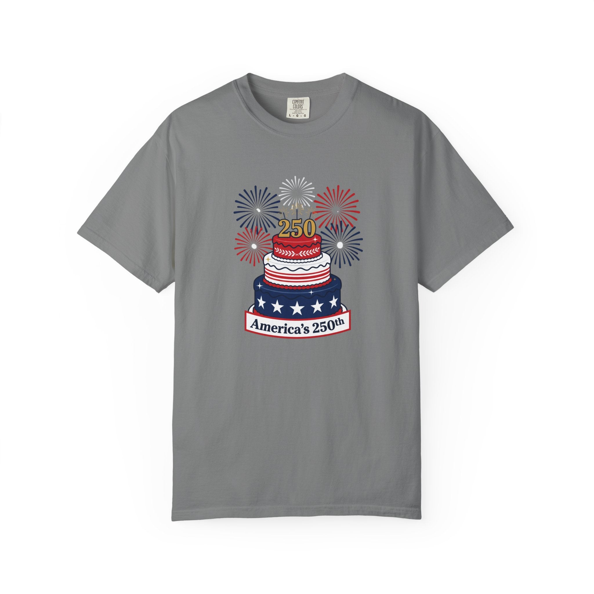 America's 250th Celebration T-Shirt — Patriotic USA Birthday Cake & Fireworks Tee