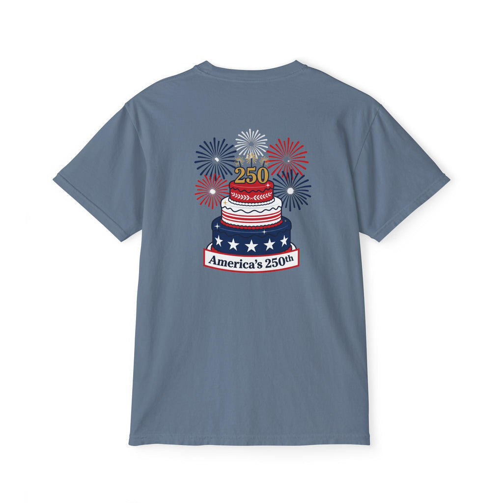 America's 250th Birthday Cake Pocket T-Shirt | 250th Anniversary Patriotic Fireworks Design