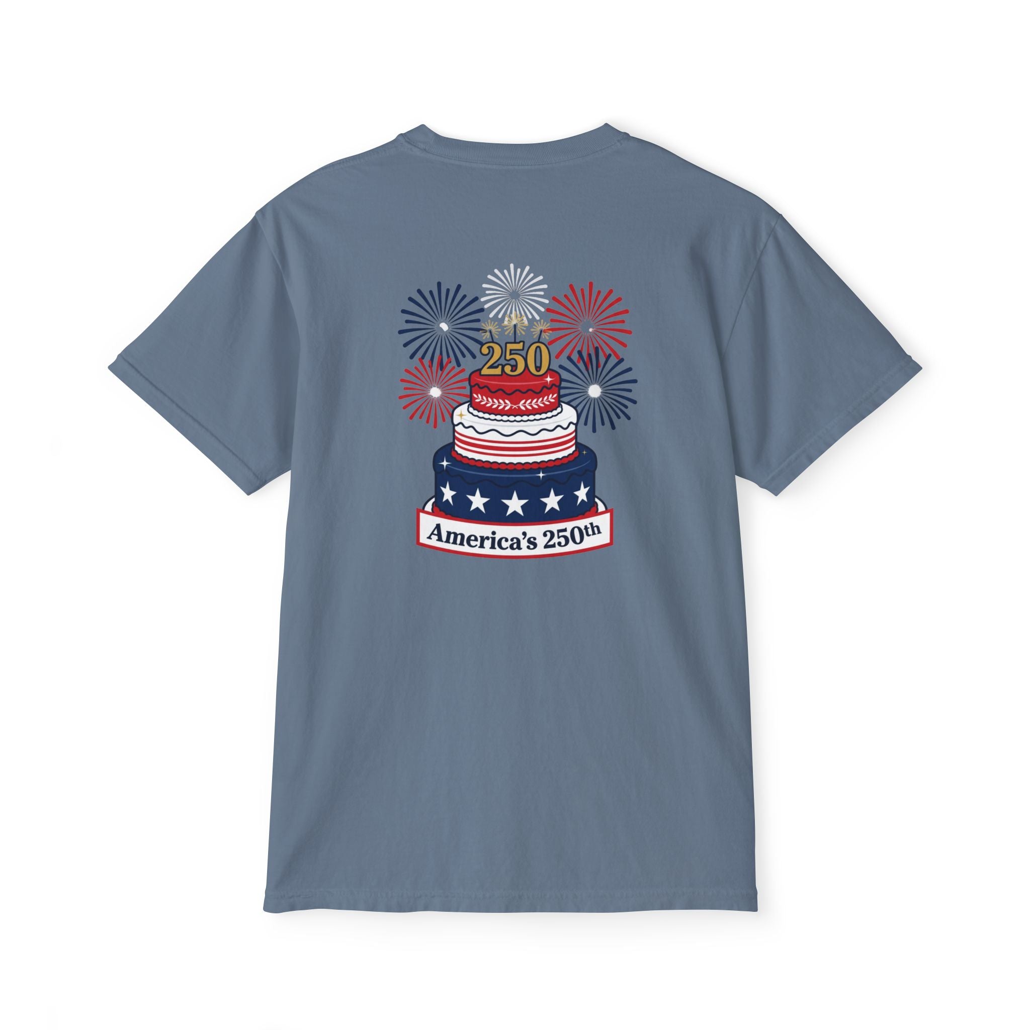 America's 250th Birthday Cake Pocket T-Shirt | 250th Anniversary Patriotic Fireworks Design
