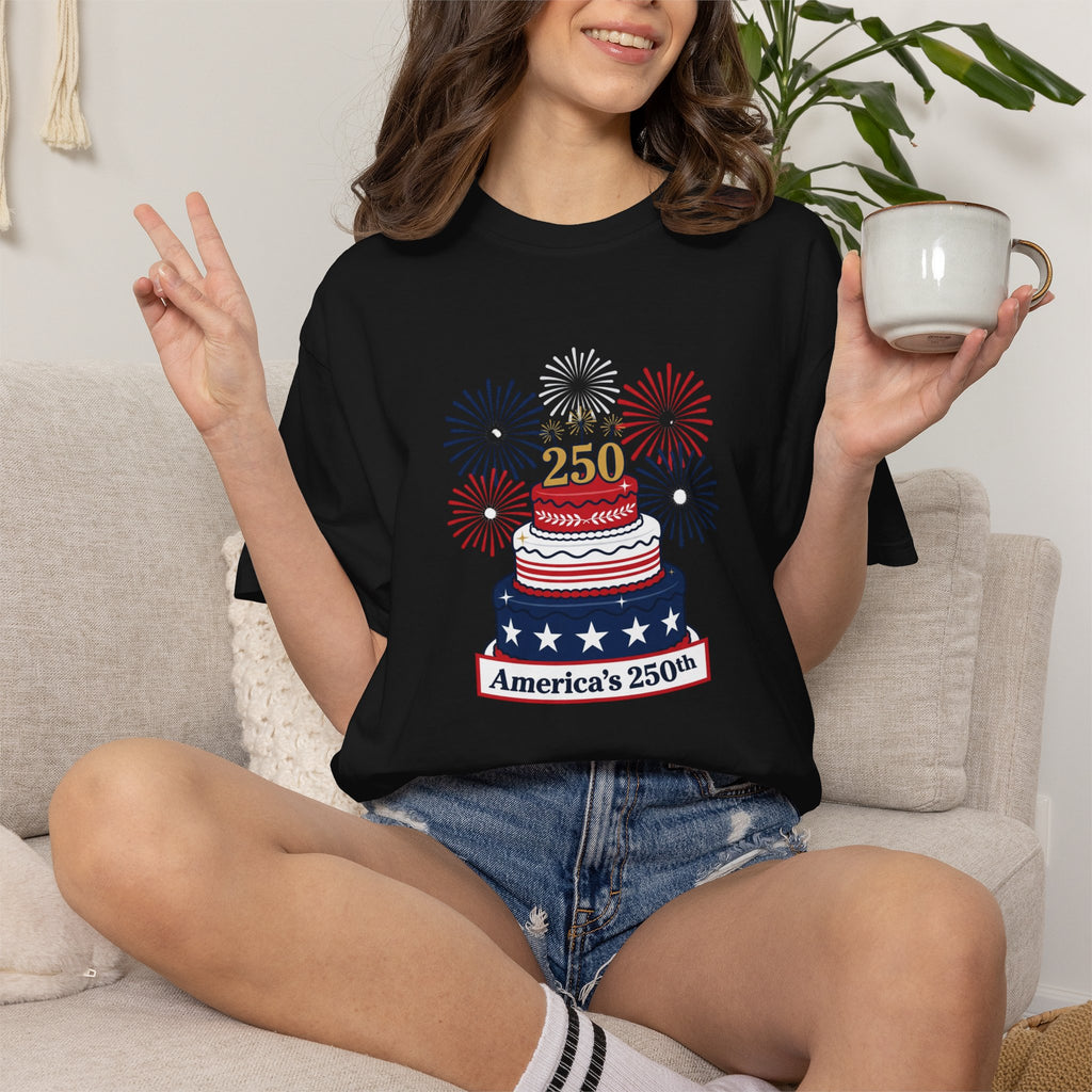 America's 250th Celebration T-Shirt — Patriotic USA Birthday Cake & Fireworks Tee