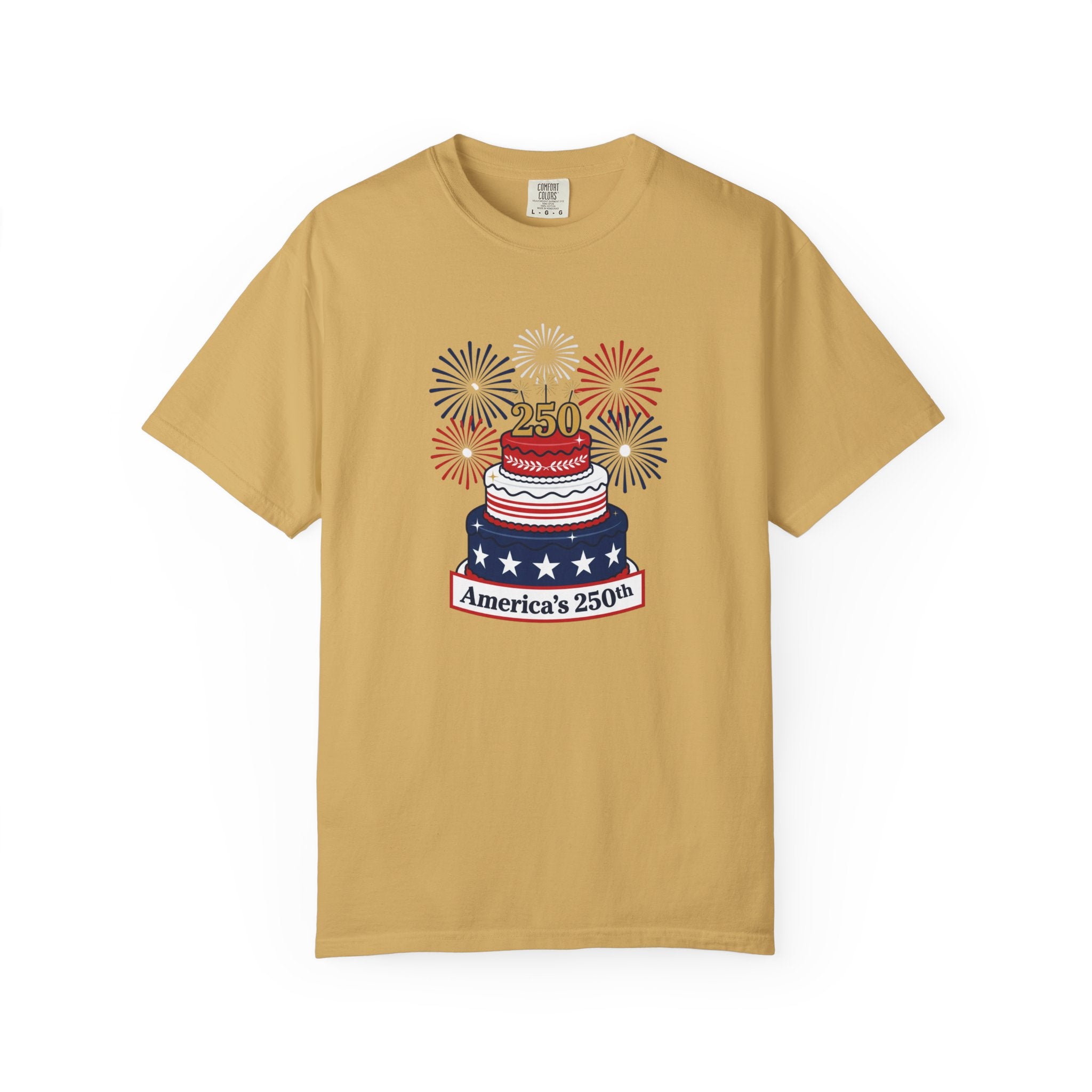 America's 250th Celebration T-Shirt — Patriotic USA Birthday Cake & Fireworks Tee