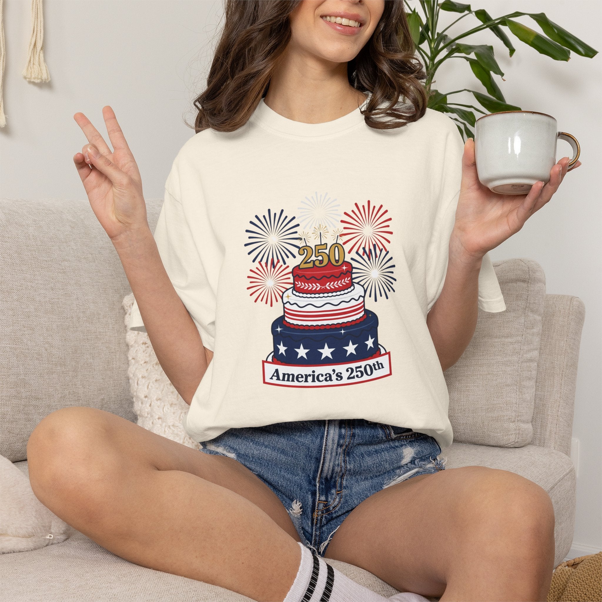 America's 250th Celebration T-Shirt — Patriotic USA Birthday Cake & Fireworks Tee