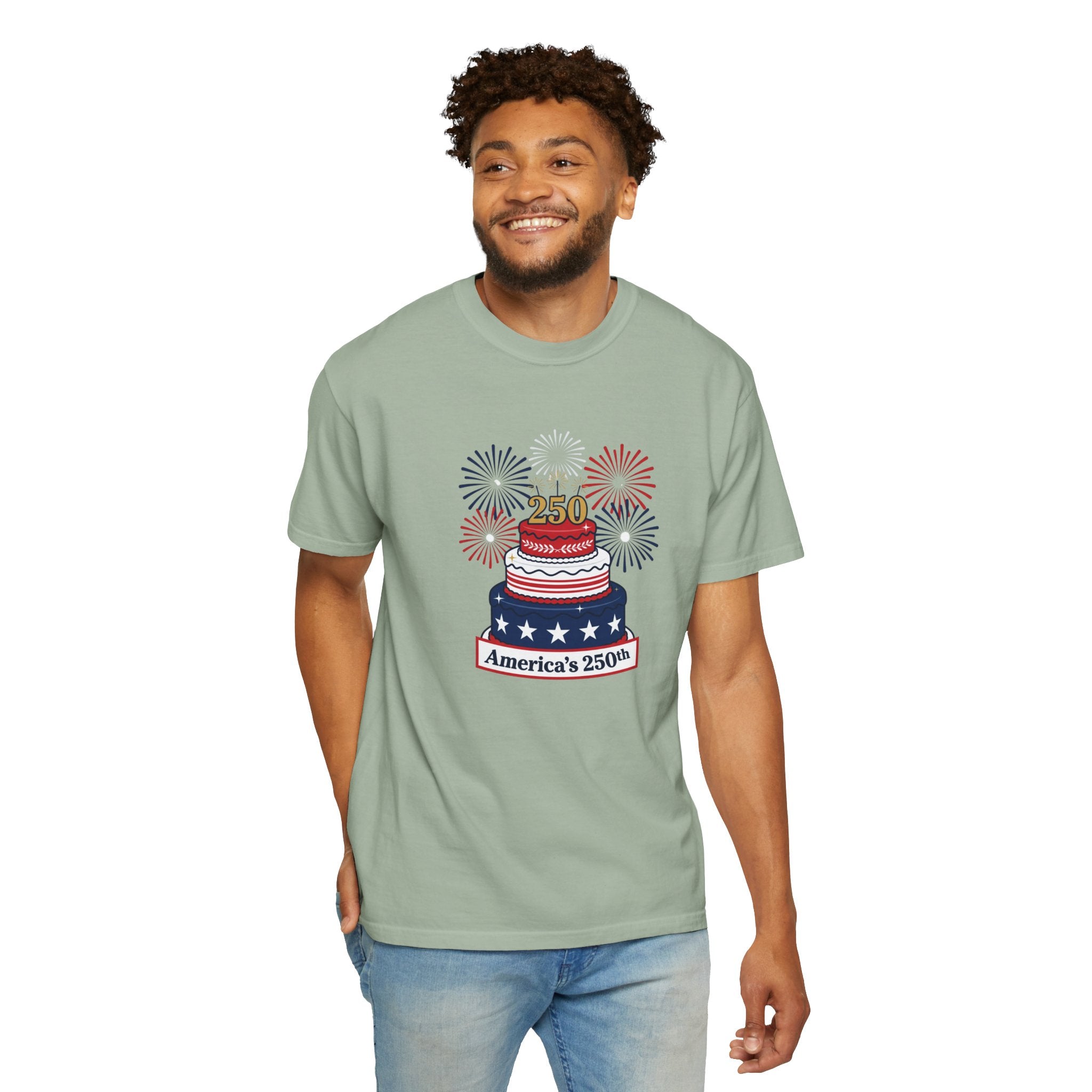 America's 250th Celebration T-Shirt — Patriotic USA Birthday Cake & Fireworks Tee