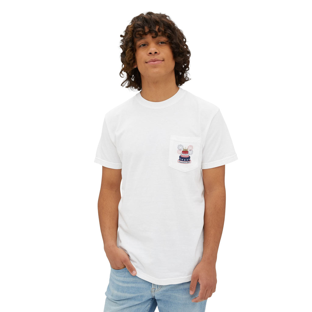 America's 250th Birthday Cake Pocket T-Shirt | 250th Anniversary Patriotic Fireworks Design