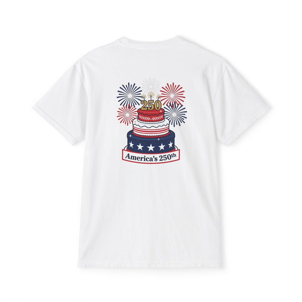 America's 250th Birthday Cake Pocket T-Shirt | 250th Anniversary Patriotic Fireworks Design