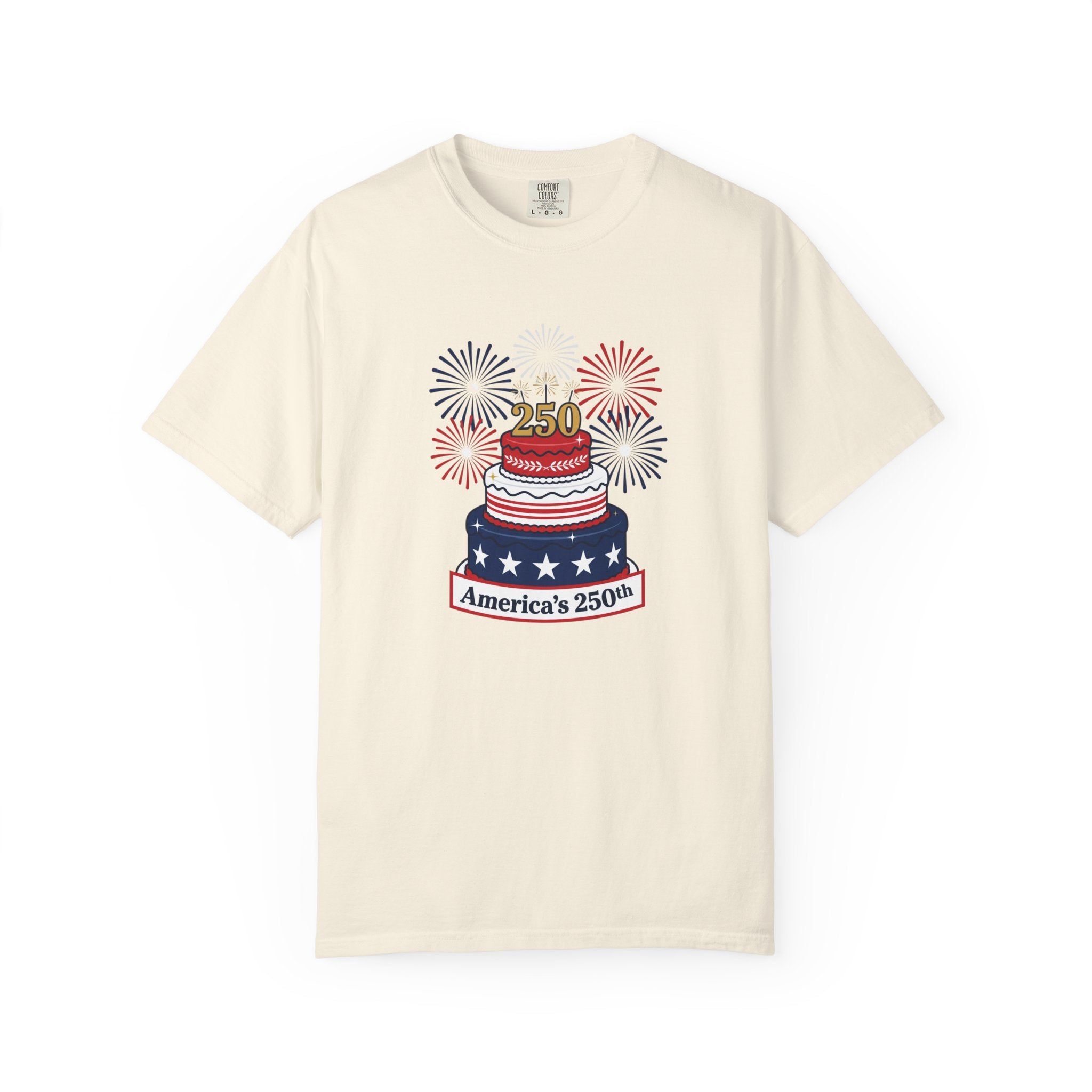 America's 250th Celebration T-Shirt — Patriotic USA Birthday Cake & Fireworks Tee