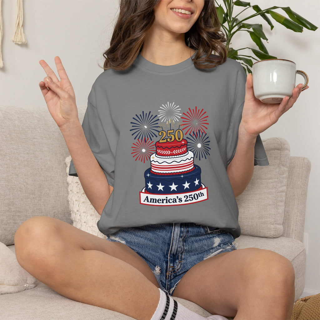 America's 250th Celebration T-Shirt — Patriotic USA Birthday Cake & Fireworks Tee