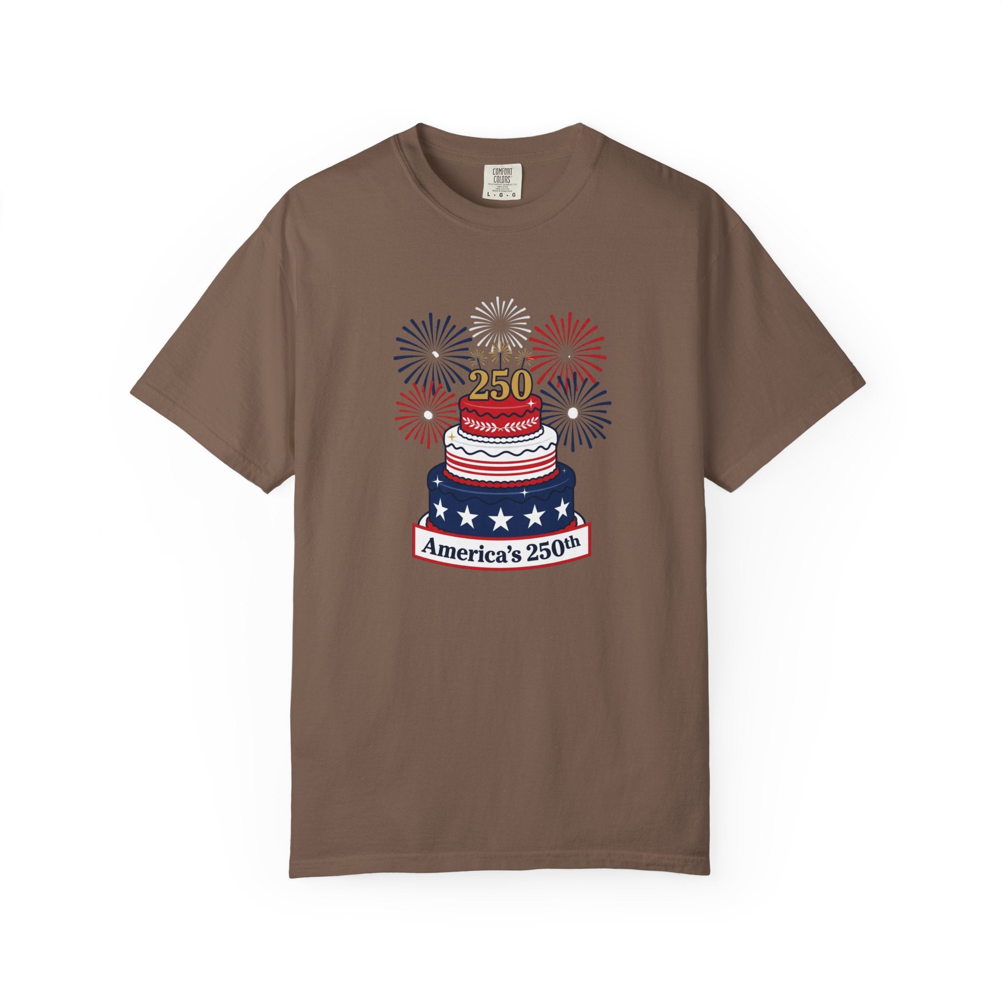 America's 250th Celebration T-Shirt — Patriotic USA Birthday Cake & Fireworks Tee