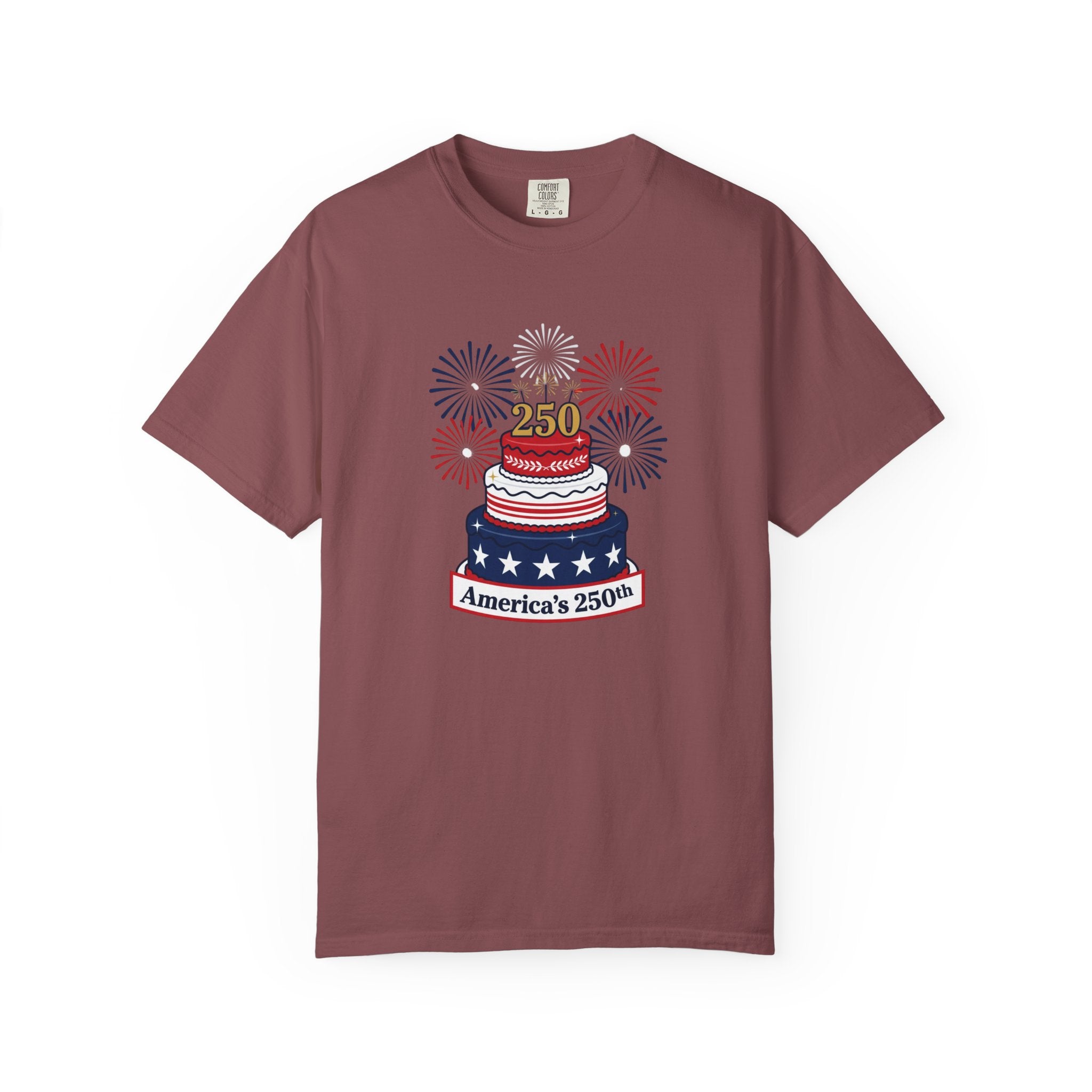 America's 250th Celebration T-Shirt — Patriotic USA Birthday Cake & Fireworks Tee