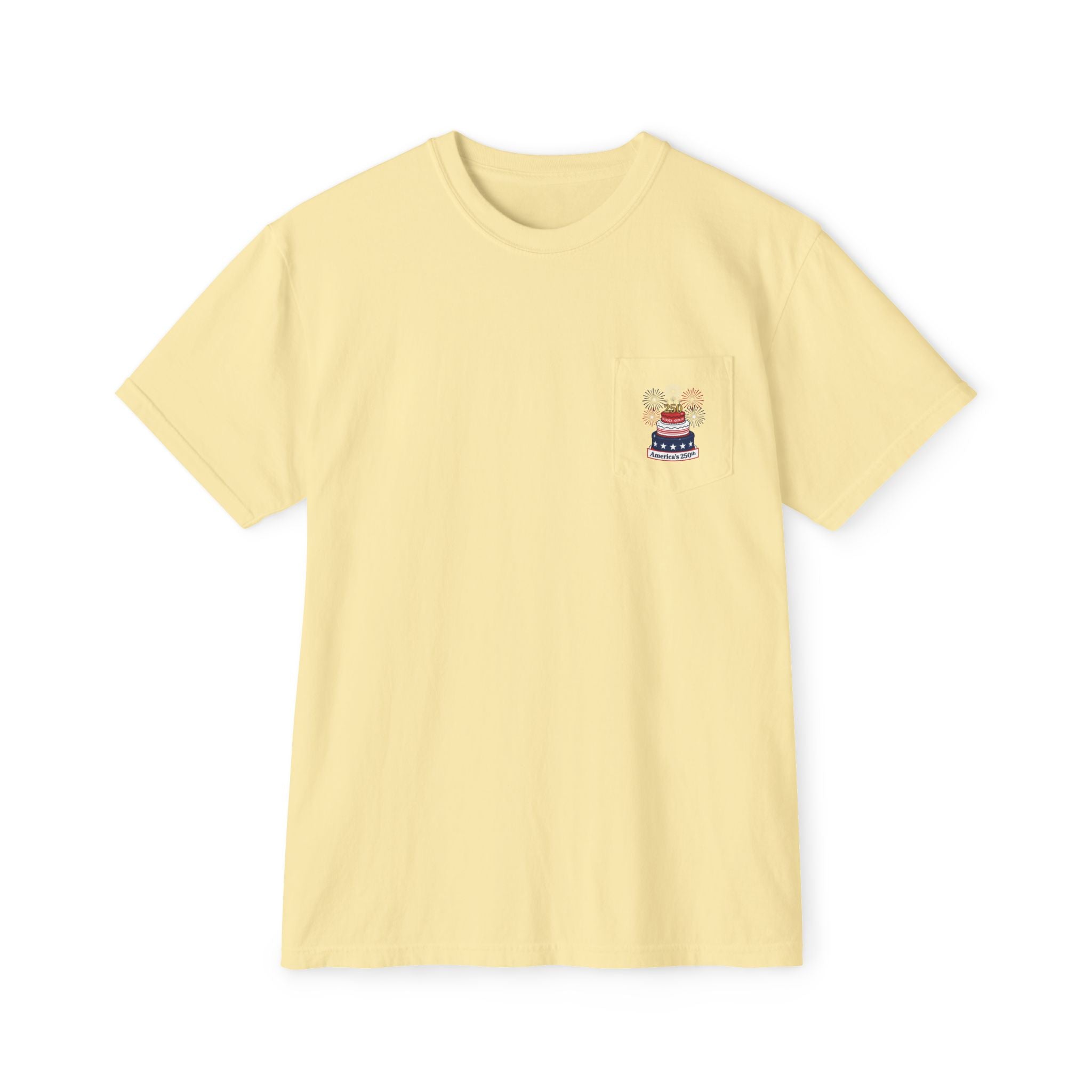 America's 250th Birthday Cake Pocket T-Shirt | 250th Anniversary Patriotic Fireworks Design