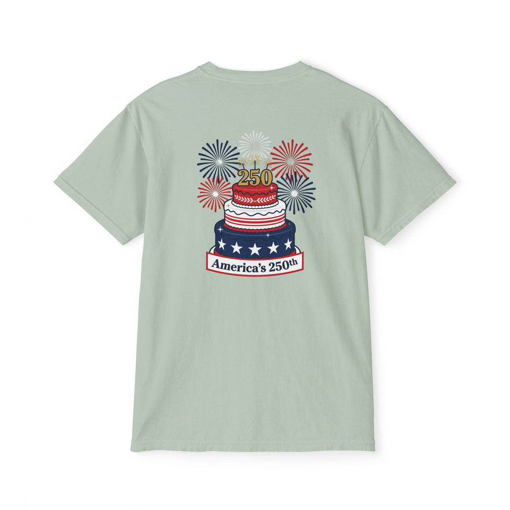 America's 250th Birthday Cake Pocket T-Shirt | 250th Anniversary Patriotic Fireworks Design