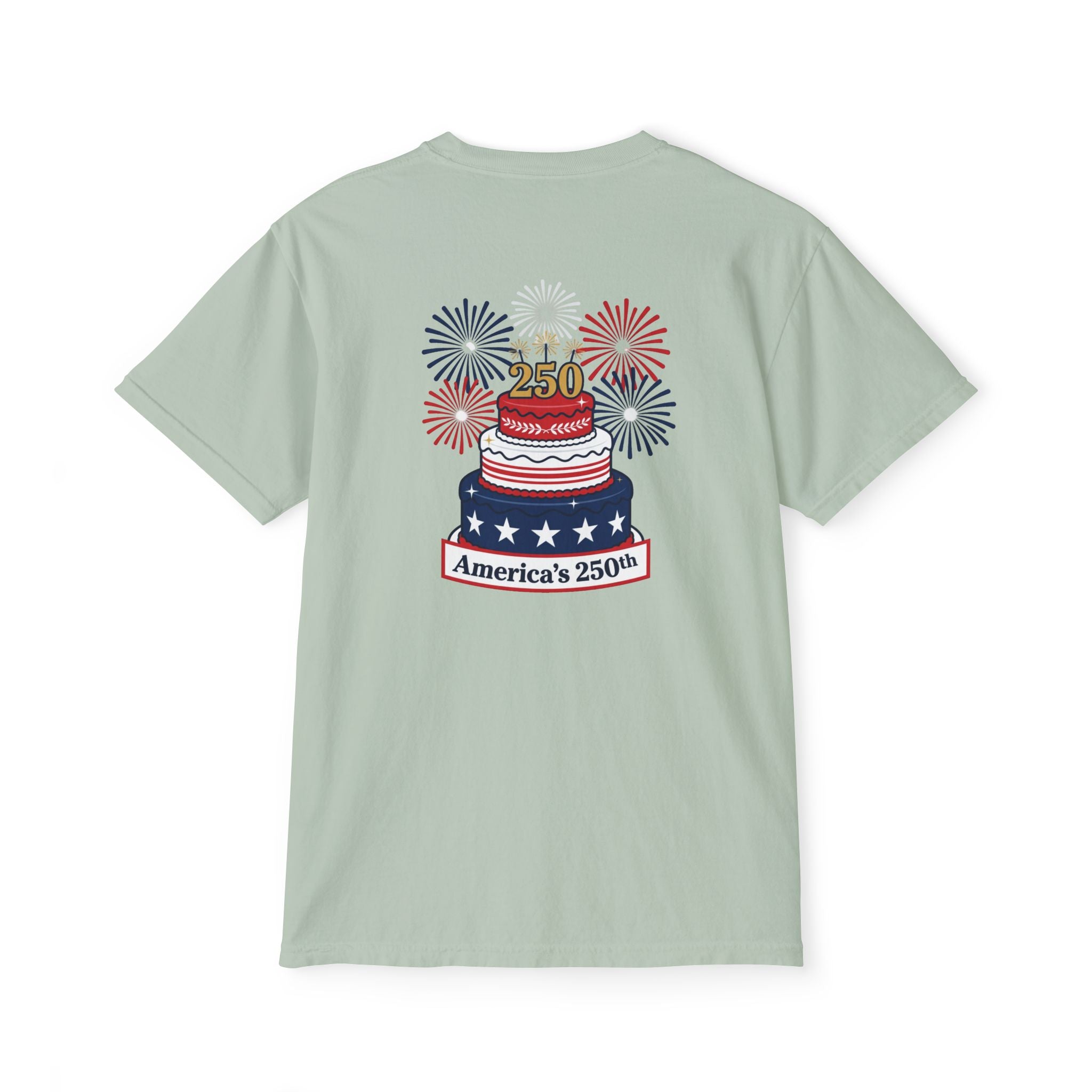 America's 250th Birthday Cake Pocket T-Shirt | 250th Anniversary Patriotic Fireworks Design