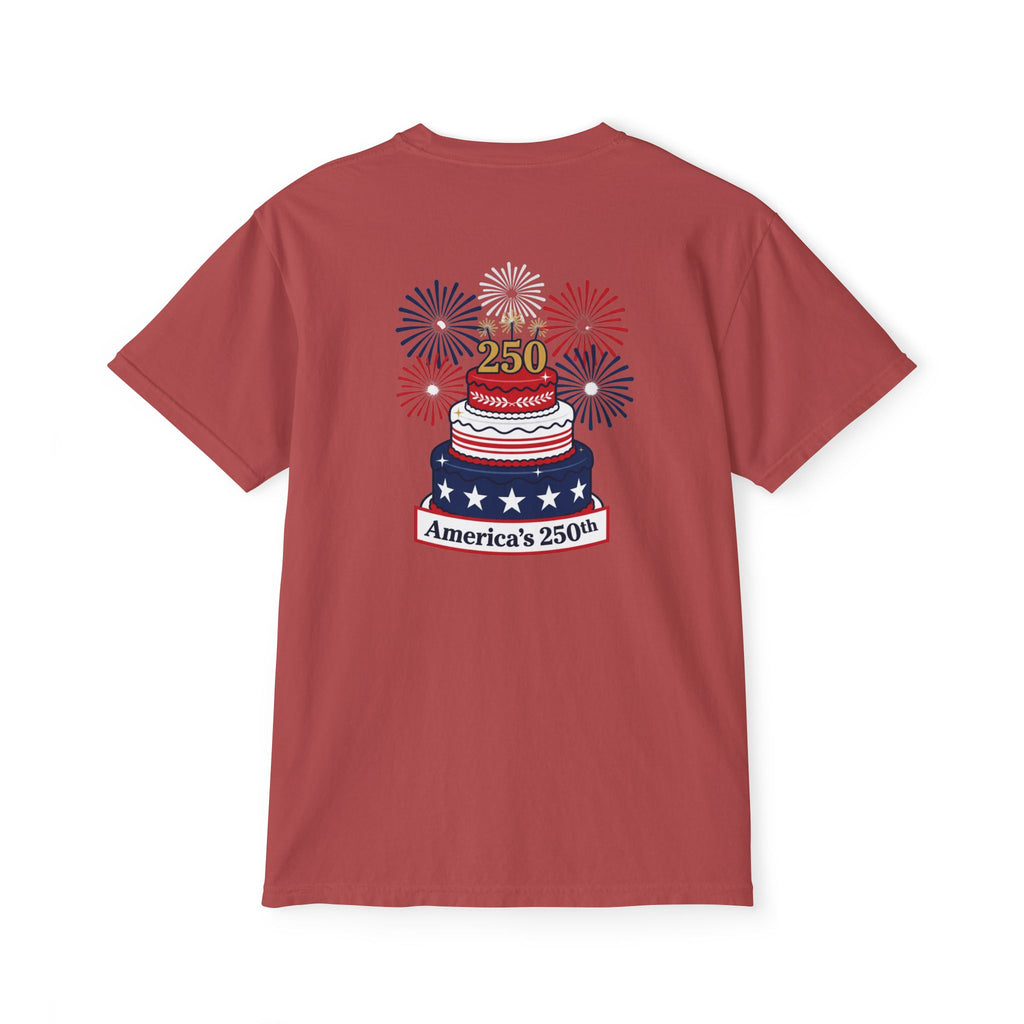 America's 250th Birthday Cake Pocket T-Shirt | 250th Anniversary Patriotic Fireworks Design