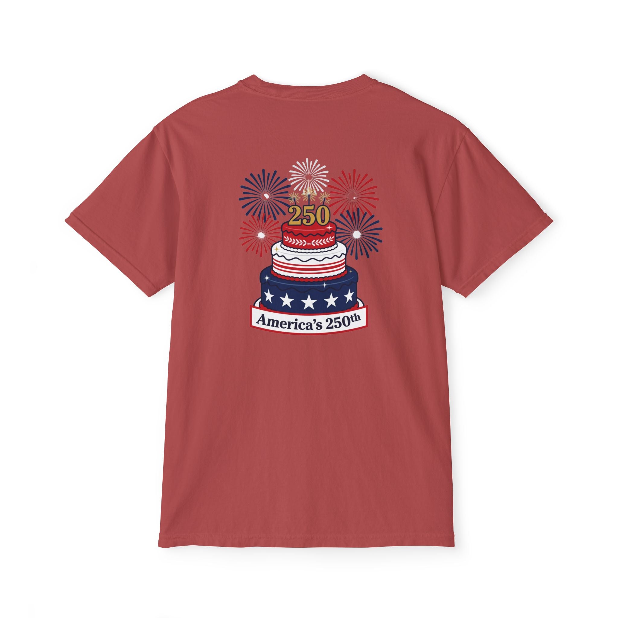 America's 250th Birthday Cake Pocket T-Shirt | 250th Anniversary Patriotic Fireworks Design