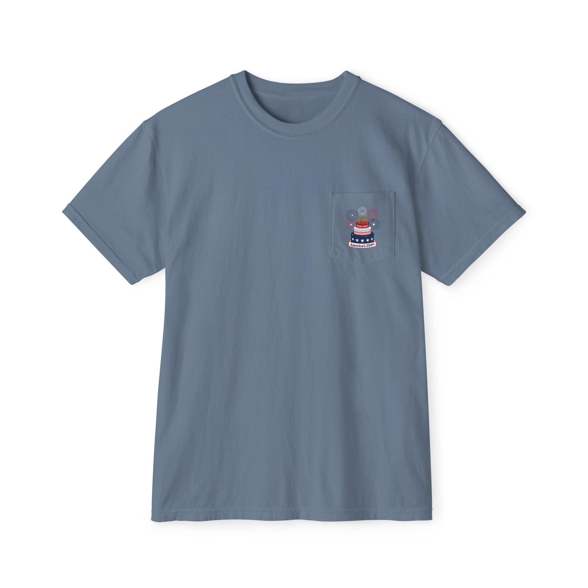 America's 250th Birthday Cake Pocket T-Shirt | 250th Anniversary Patriotic Fireworks Design