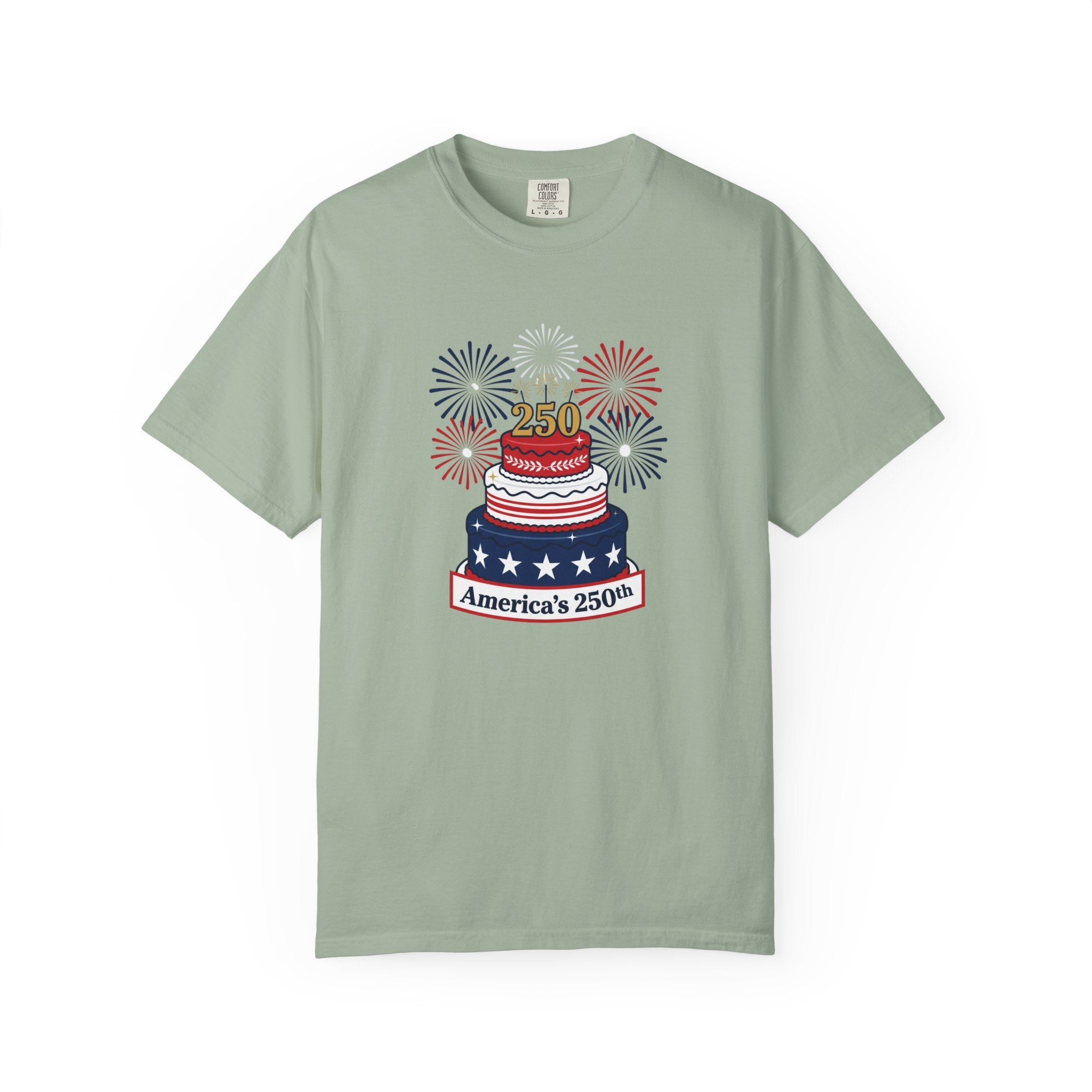America's 250th Celebration T-Shirt — Patriotic USA Birthday Cake & Fireworks Tee