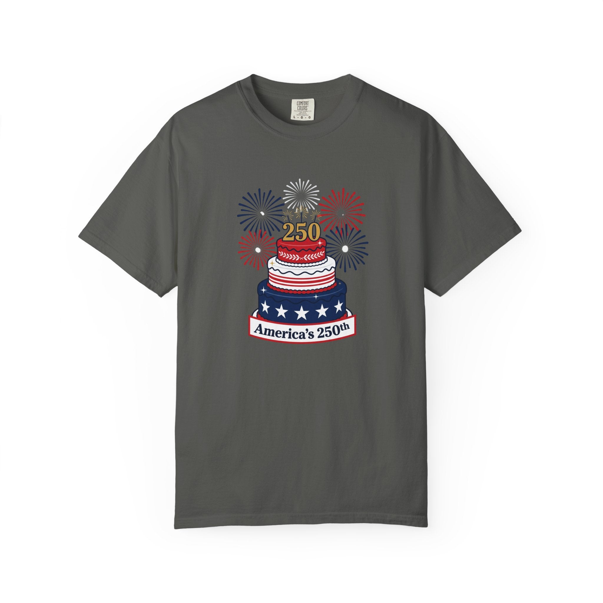 America's 250th Celebration T-Shirt — Patriotic USA Birthday Cake & Fireworks Tee