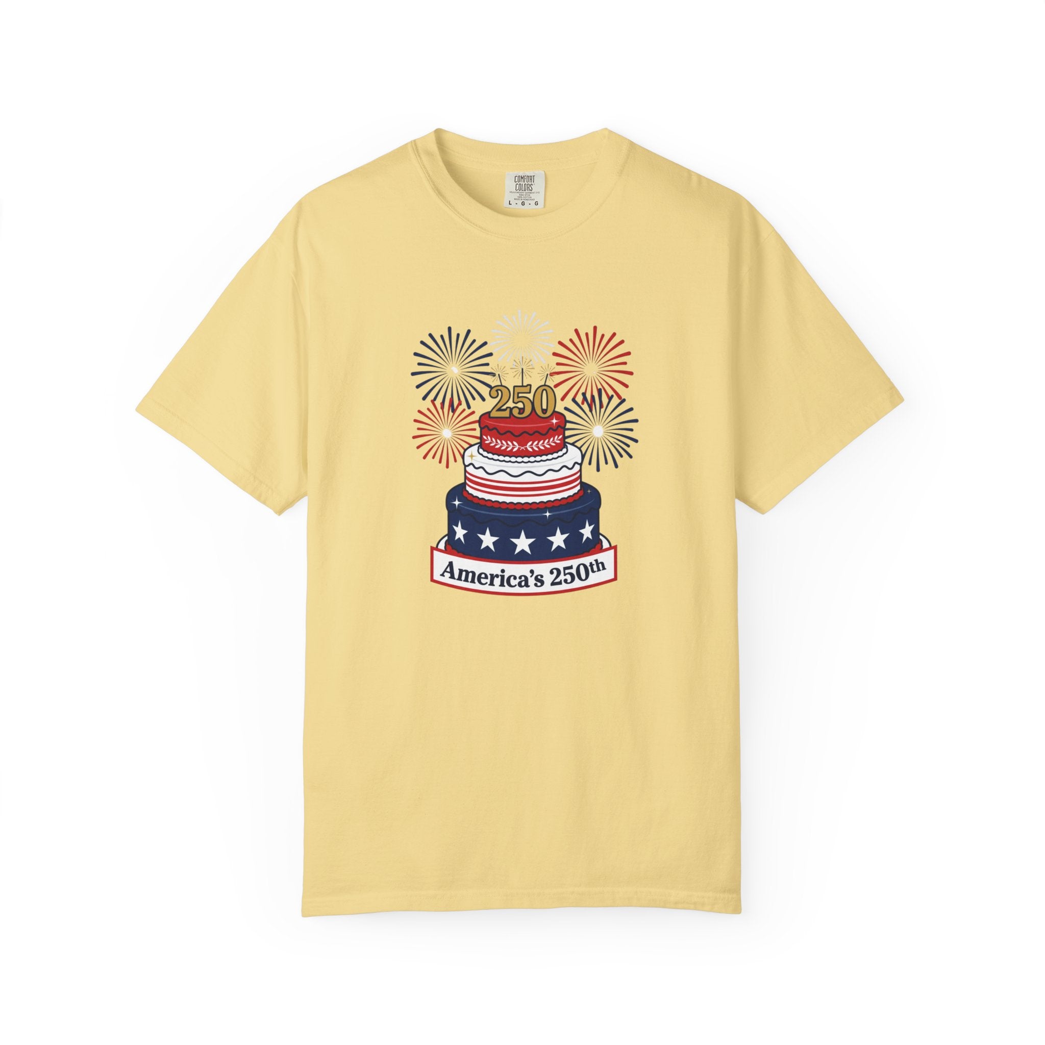 America's 250th Celebration T-Shirt — Patriotic USA Birthday Cake & Fireworks Tee