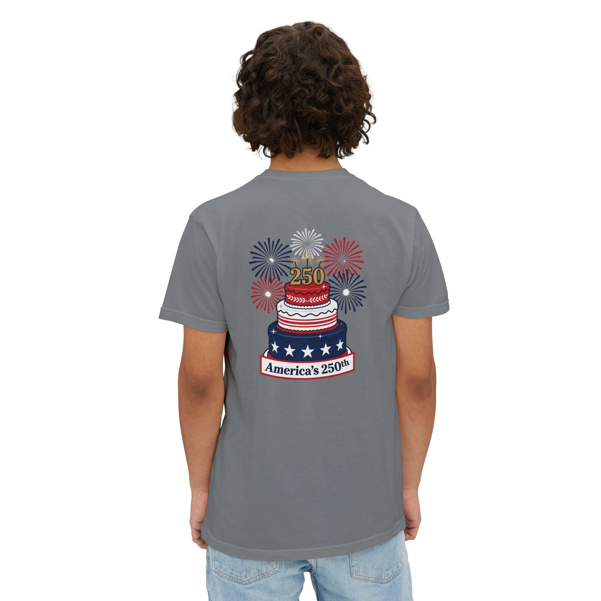 America's 250th Birthday Cake Pocket T-Shirt | 250th Anniversary Patriotic Fireworks Design